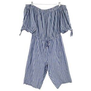 Blush Blue Striped Off-Shoulder Jumpsuit Cropped Wide Leg Romper